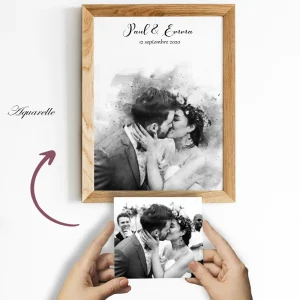 Affiche mariage – photo des mariés – portrait style aquarelle