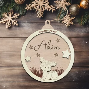 Boule de noël Faon – boule de noël personnalisée au prénom de bébé – décoration de noël