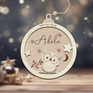 Boule de noël Hibou – boule de noël personnalisée au prénom de bébé – décoration de noël