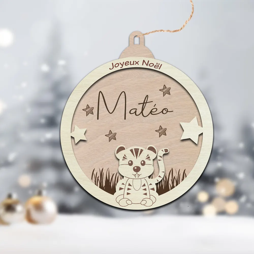 Boule de noël Tigre – boule de noël personnalisée au prénom de bébé – décoration de noël – Image 2