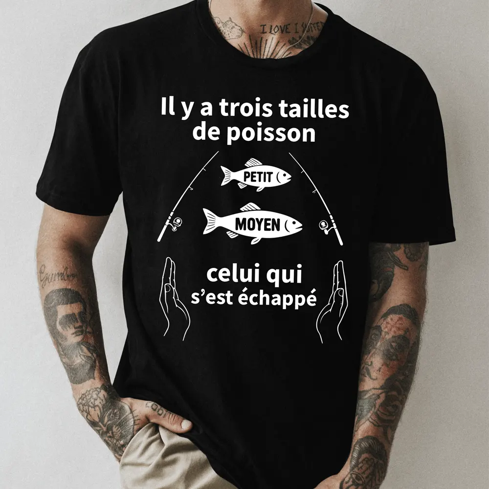 Tee shirt drôle pour pêcheur | il y a trois tailles de poisson, petit, moyen, celui qui s’est échappé – Image 2